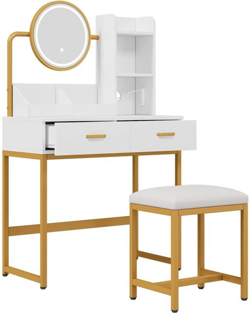 okwish Schminktisch mit LED Spiegel und Steckdose in Weiß und Gold, B/T/H: 138 x 80 x 40 cm - Bild 1