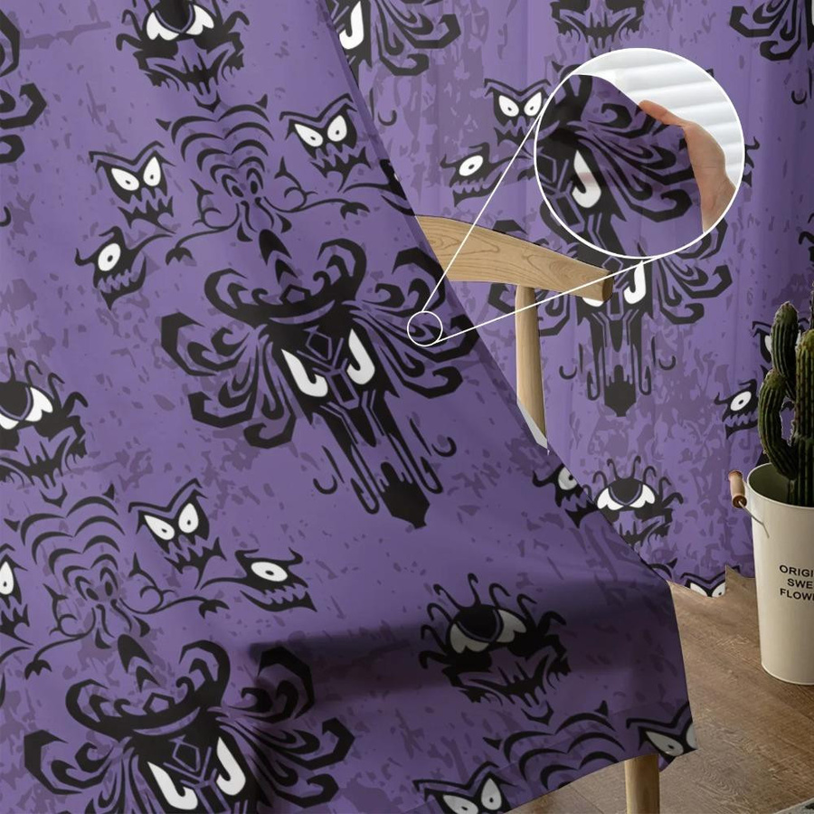Yiran Furniture Halloween Spukhaus Fenstervorhänge aus Tüll und Organza, Lila Schwarz Transparent, B: 135 cm, H: 115 cm - Bild 3