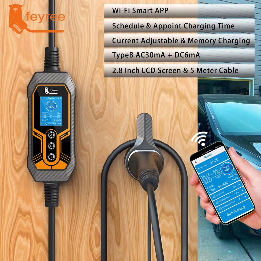 Feyree Tragbares EV-Ladegerät Typ2 11kW 16A 3-Phasen mit Wi-Fi und Bluetooth, 5m Ladekabel mit CEE-Stecker, Schwarz - Bild 2