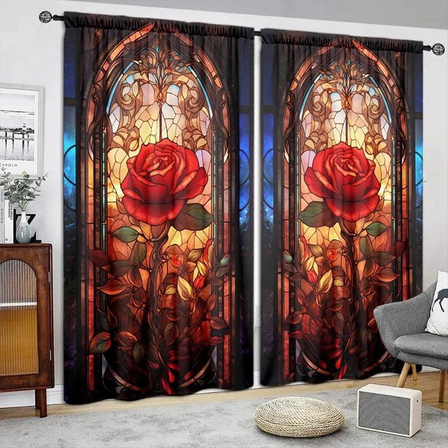 2er-Set Vorhang mit Rosendruck von Household supplies MH in Braun, halbtransparentes Fensterdesign für Wohnzimmer, Küche oder Schlafzimmer, Breite: 52,5 cm, Höhe: 116 cm - Bild 1