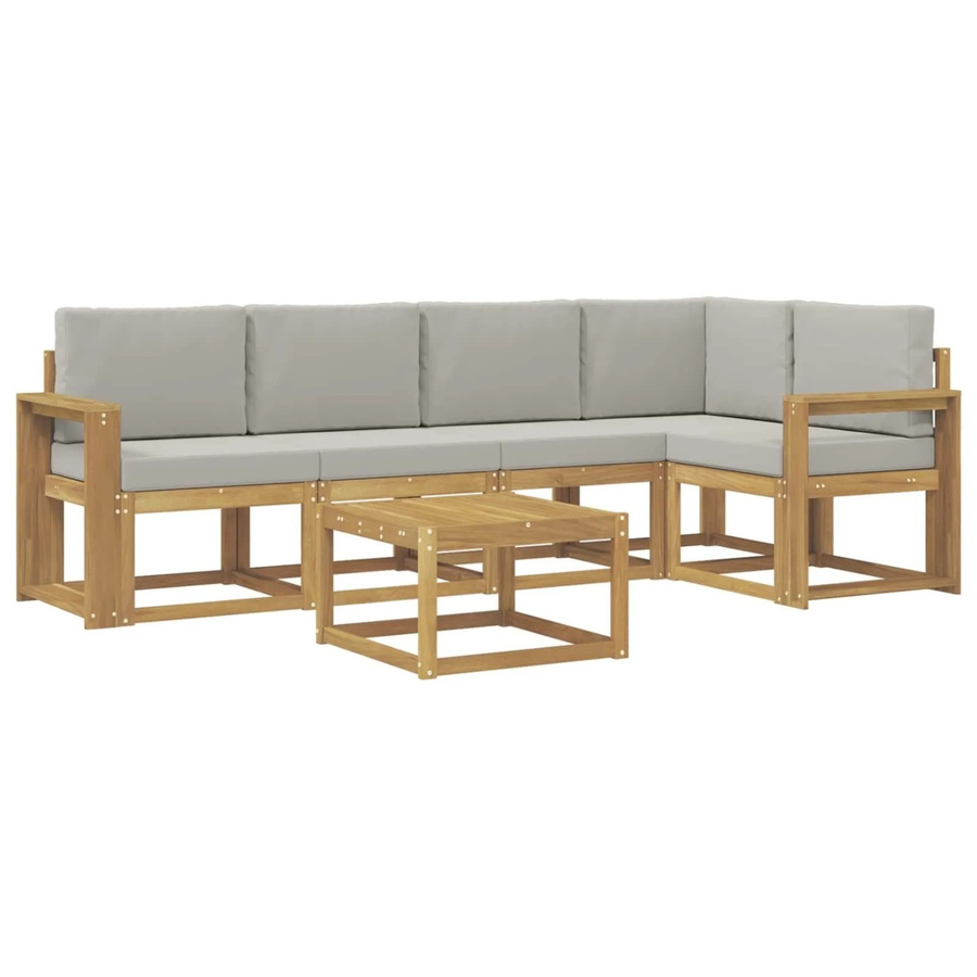vidaXL Outdoor-Sofagarnitur 6-teilig in L-Form aus massivem Akazienholz mit Polstern in Weiß und Hellgrau - Bild 2