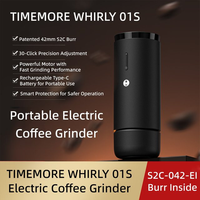 TIMEMORE WHIRLY01S Tragbare elektrische Kaffeemühle in Schwarz mit 42 mm S2C-Mahlwerk, wiederaufladbar über Typ-C und automatischer Abschaltung für Espresso und Pour Over - Bild 1
