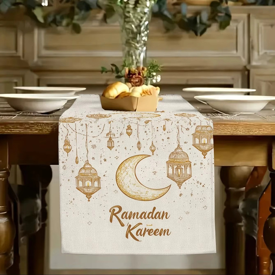 VIKAMA Ramadan Tischläufer mit Goldstern- und Mondmuster aus Leinen, Orientalisches Design, Breite: 33 cm, Länge: 90 cm - Bild 3