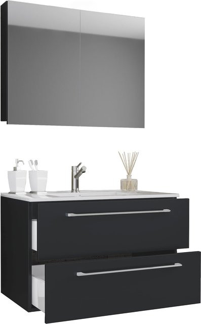 VCM 3-teiliges Badmöbel Set Badinos mit Keramik-Waschbecken, Unterschrank mit Schubladen und Drehtüren sowie Spiegelschrank, Breite: 80 cm - Bild 1