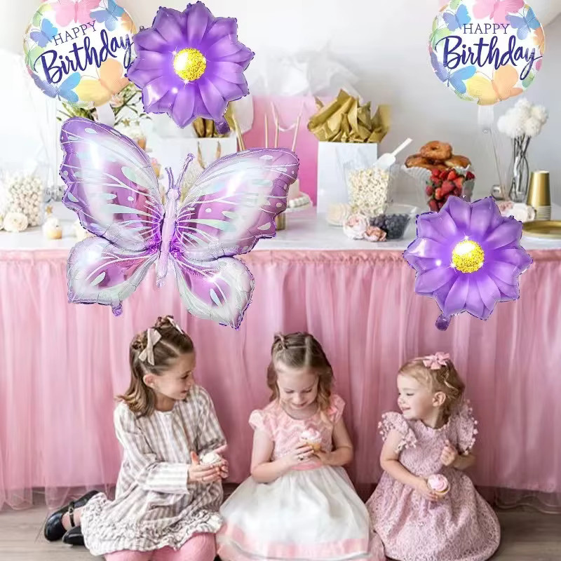 YAYB 5-teiliges Schmetterling und Sonnenblumen Folienballon-Set in Lila für Babyparty, Hochzeit oder Geburtstag als romantische Partydekoration - Bild 2