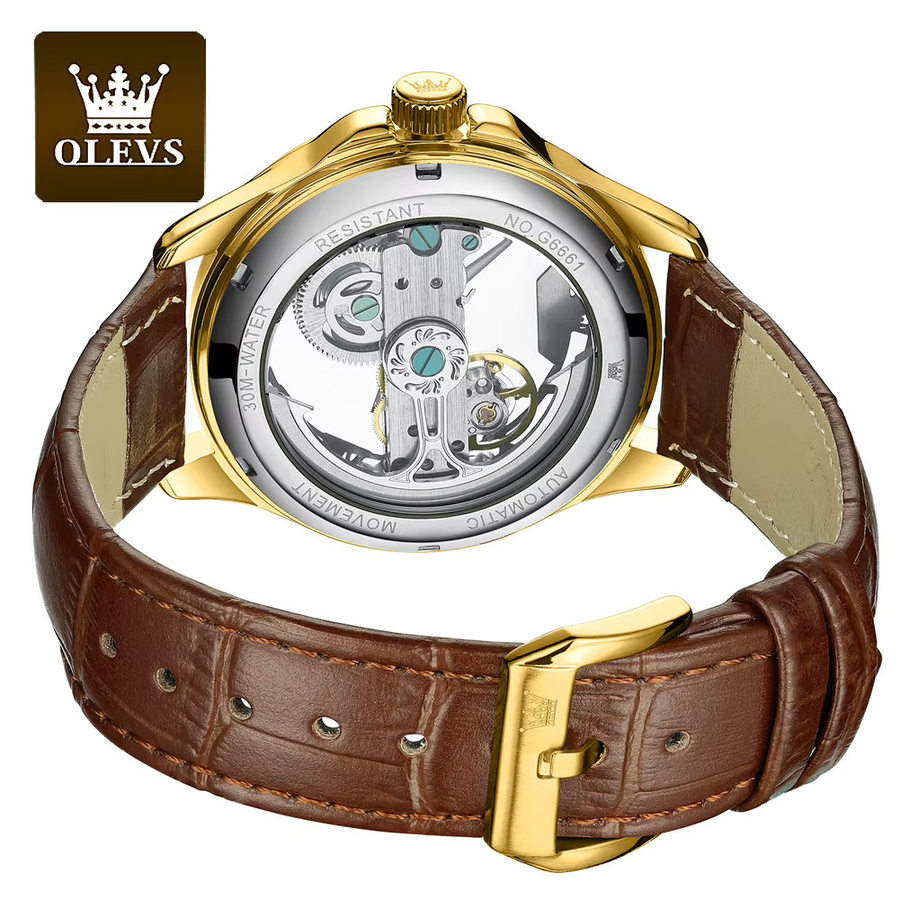 OLEVS Armbanduhr Automatik, Leder, Gold, Blau, Herren - Bild 4
