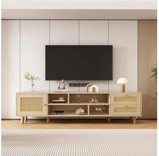 MUVOE TV-Möbel aus Rattan in Beige mit 160 cm Breite, 2 Schubladen und 1 Tür für bis zu 70 Zoll Fernseher - Bild 1