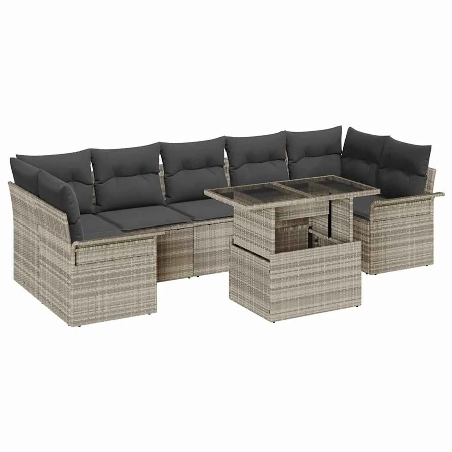 vidaXL 8-teiliges Garten-Sofa-Set aus Polyrattan in Hellgrau mit Kissen und Couchtisch für Terrasse und Balkon - Bild 2