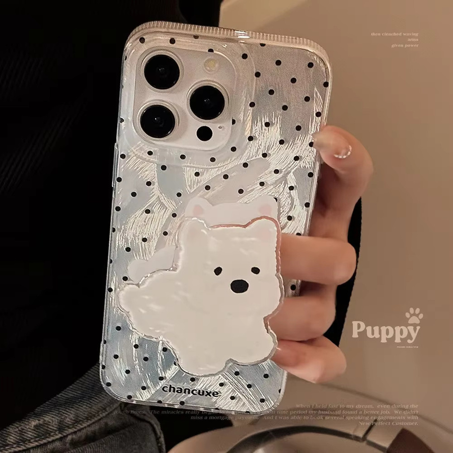 MUQGEW Koreanische Polka Dot Handyhülle mit Cartoon-Welpenhalterung für iPhone 16, 15, 14, 13, 12, 11 Pro Max, stoßfeste Hartschale, transparent - Bild 3