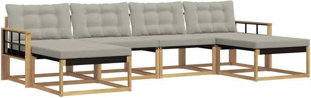 vidaXL Outdoor-Sofagarnitur L-Form aus Akazienholz mit 6 Teilen und Kissen in Weiß und Grau - Bild 1
