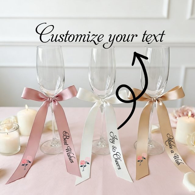 Personalisiertes Text-Schleifenband mit floralem Blumendesign in Beige für Hochzeiten, Partys und Tischdekoration - Bild 1