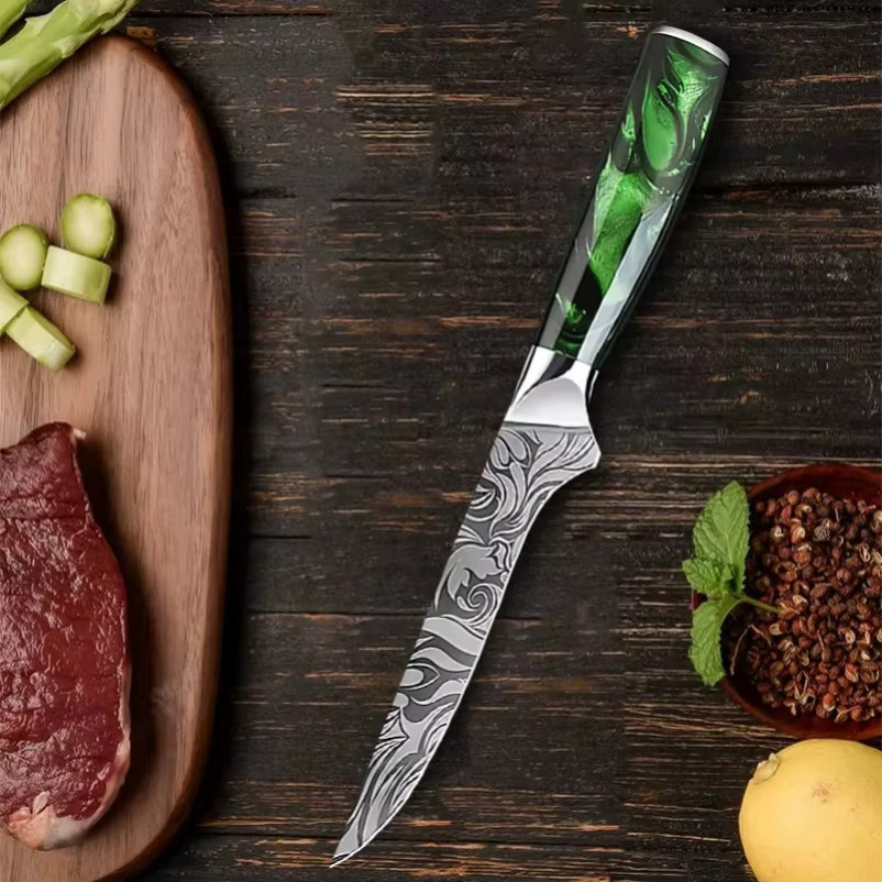 GuanQi Laser Damaskus Messer Set mit Harzgriff in Silber für Fleisch, Obst, Brot, Gemüse und zum Ausbeinen - Bild 4