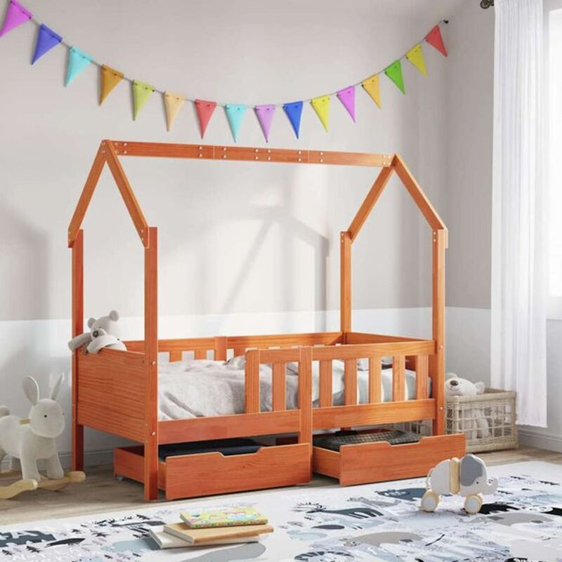 Vidaxl Kinderbett aus Massivholz Kiefer in Natur und Braun im Landhausstil mit Schubladen B: 80 cm, L: 170 cm - Bild 1