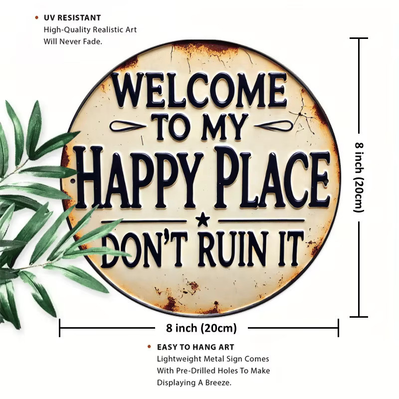Rundes Metallschild CIFBUY Willkommen bei meinem Happy Place in Beige – Rustikale Eisen-Wandkunst für Schlafzimmer und Küche - Bild 3