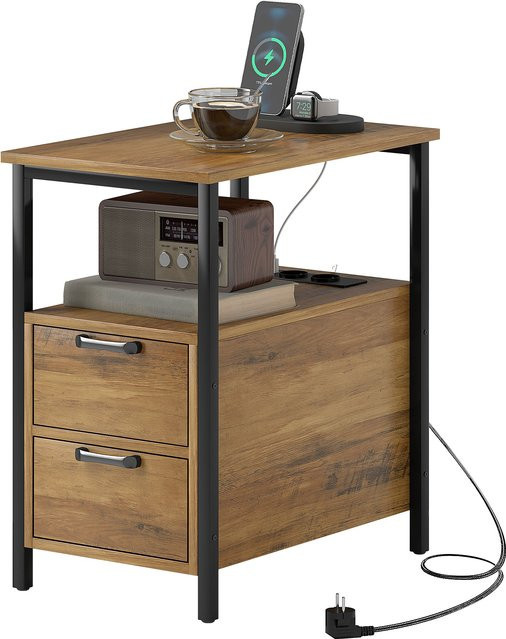 HOMCOM Beistelltisch und Nachttisch in Naturholz mit Metallrahmen, 2 Schubladen, Regal sowie 2 Steckdosen und USB- sowie Typ-C-Anschluss, Braun - Bild 1