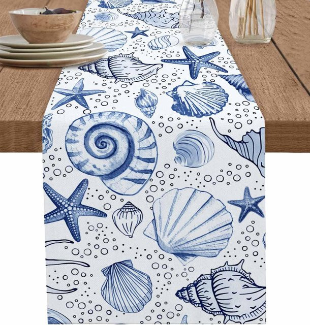 JINGYUE Pet Tischläufer aus Leinen mit Seesternen und Muscheln in Blau, Boho Nautik Design, Breite: 150 cm, Breite: 33 cm - Bild 1