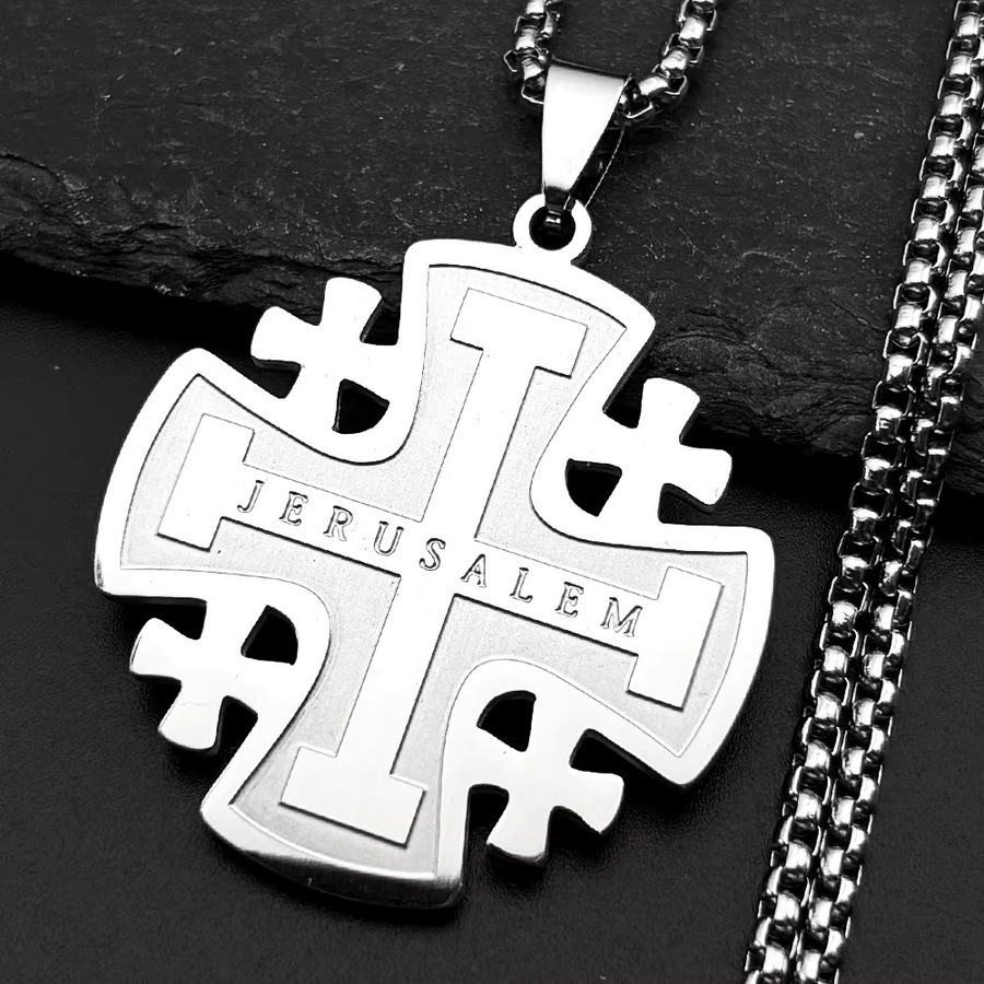 AFAWA Anhänger-Halskette Jerusalem-Kreuz, Edelstahl, Silber, Unisex - Bild 1