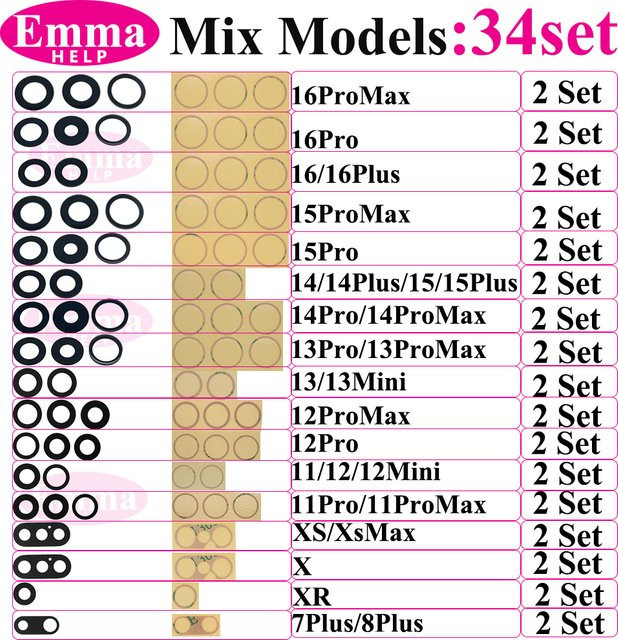 EmmaHelp 34er Set Ersatz-Objektivglas für iPhone 16 15 14 13 Mini 12 Pro Max Rückkamera in Transparent - Bild 1