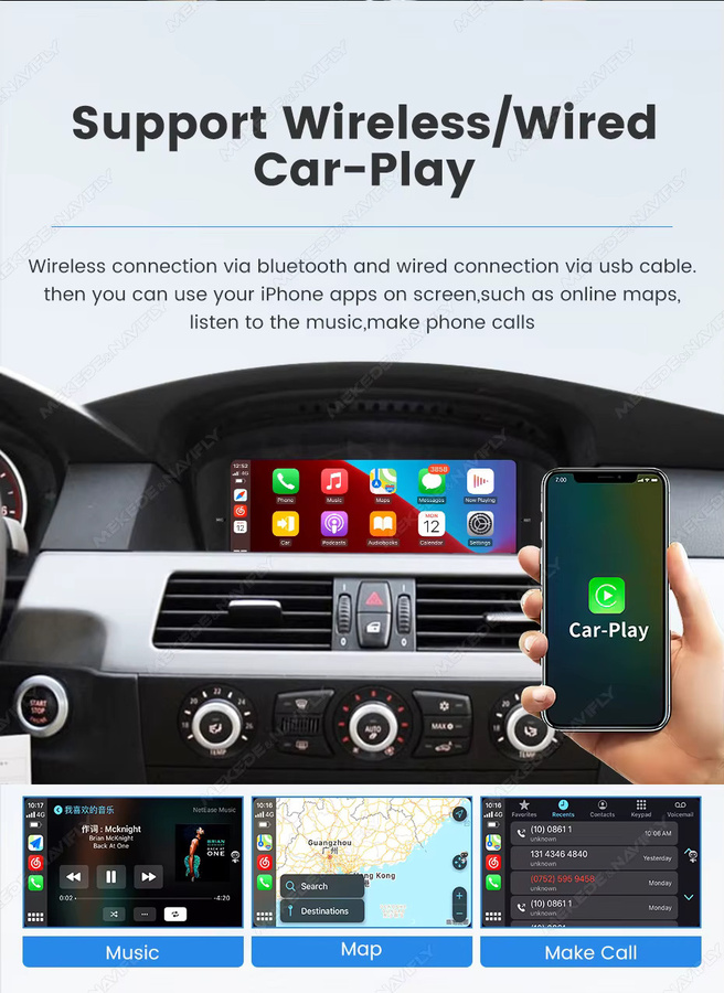 MEKEDE Kabelloser CarPlay und Android Auto Multimedia-Player mit GPS-Navigation und Bluetooth für BMW 3er 5er Serie E60 E61 E63 E64 E90 E91 E92 E93 CCC CIC, Schwarz, 8.8 Zoll - Bild 5