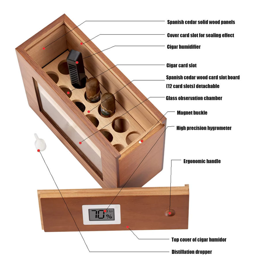 XIFEI Zigarren-Humidorbox aus Holz mit Glasfenster und Hygrometer in Braun - Bild 2