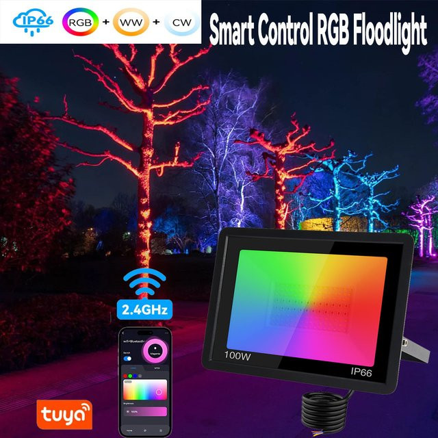 Arbrac 100W Tuya RGB LED Flutlicht Smart App Steuerung, dimmbarer wasserdichter Außen-Scheinwerker in Schwarz für Garten, Bühne und Party - Bild 1