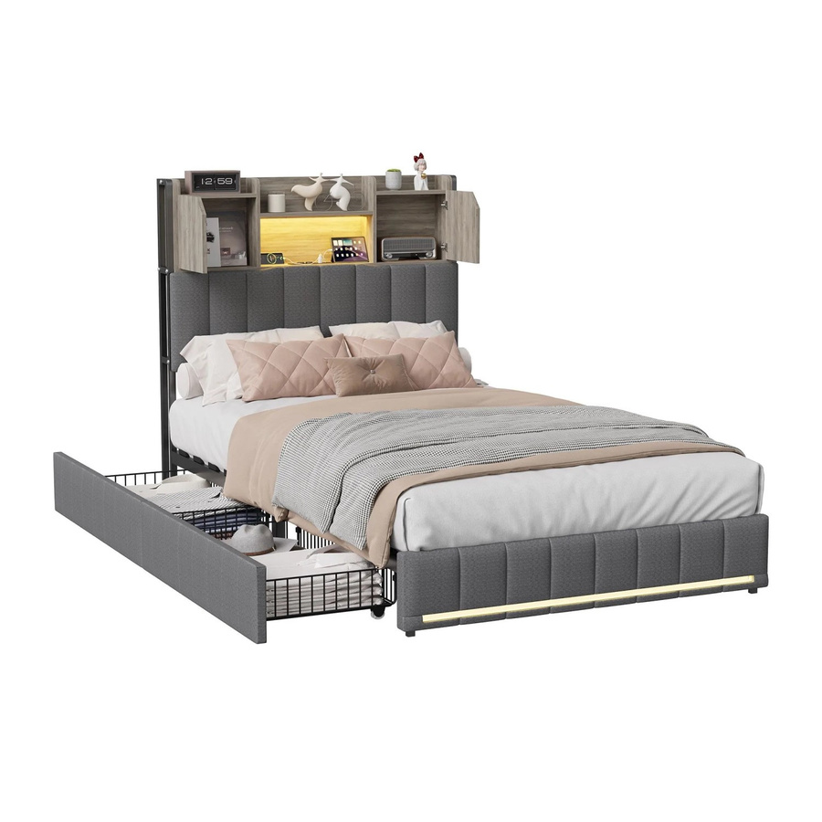 PXloue Polsterbett Grau mit Schubladen, LED-Beleuchtung, USB-Anschluss und Nachttischregal, B/T/H: 90 x 200 x 127 cm - Bild 2