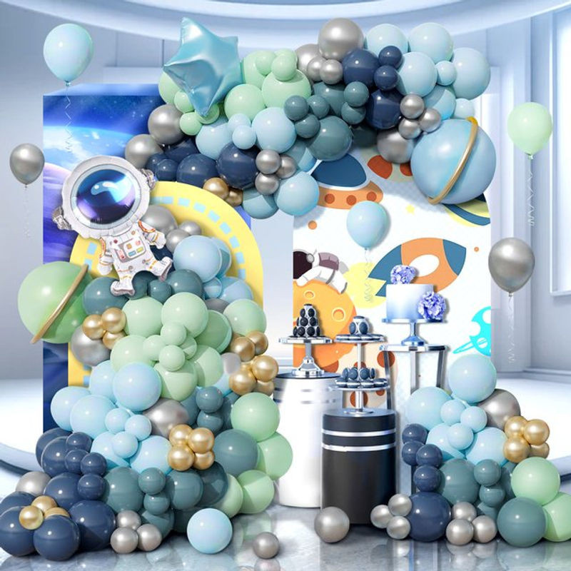 120-teiliges Weltraum-Luftballonbogen-Set mit Astronauten und Sternen in Blau, Grün und Silber für Kindergeburtstage - Bild 1