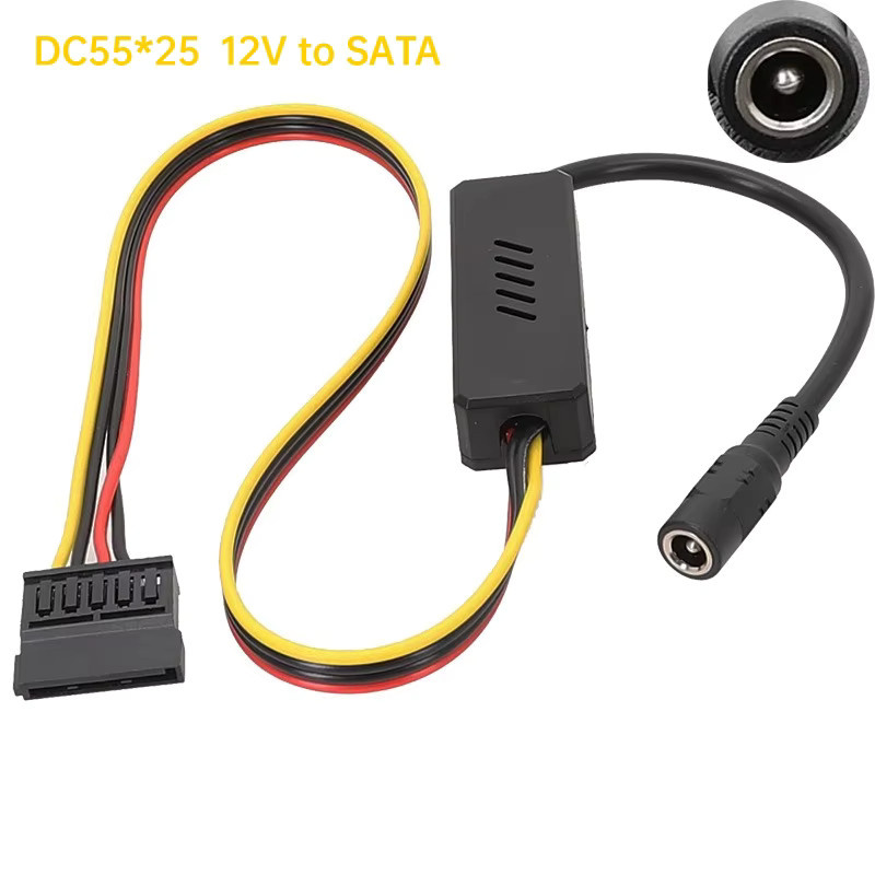 DC 5525 zu SATA IDE Festplatten-Stromversorgungskabel mit Abwärtsspannungsregler, 12 V auf 4-poliges Molex/SATA, Schwarz - Bild 1