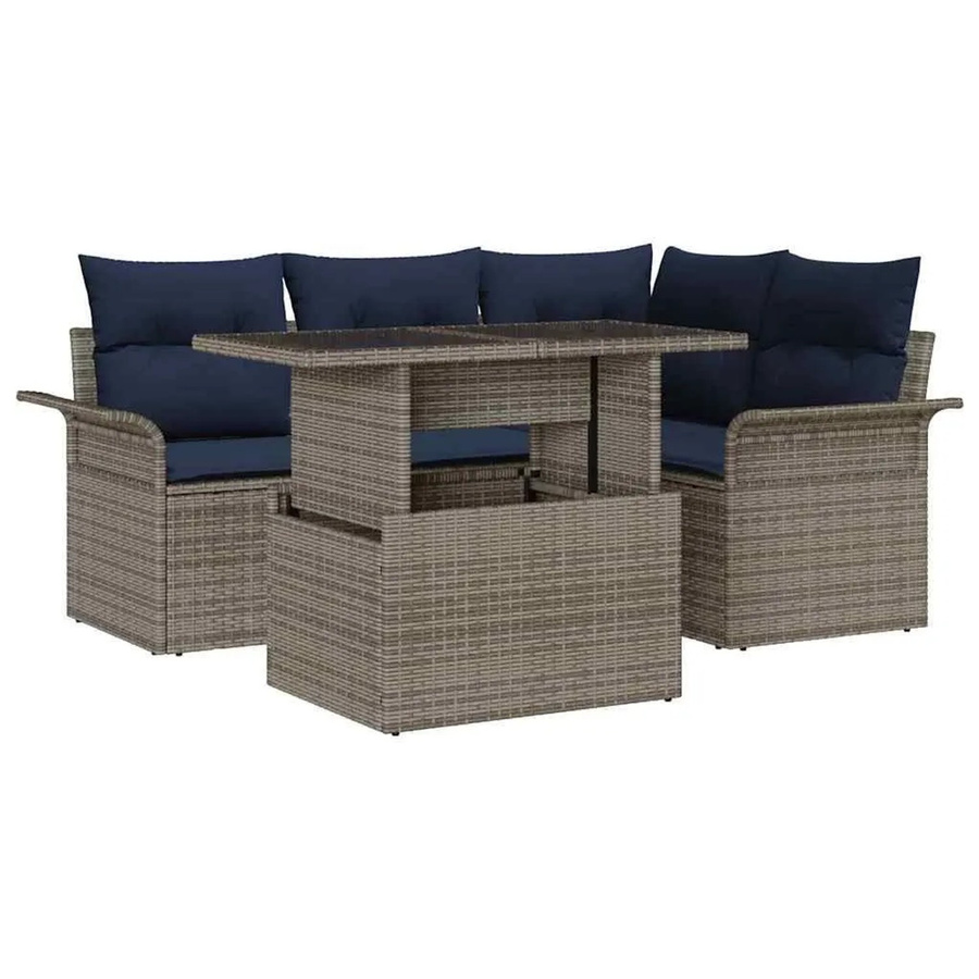 vidaXL Gartenmöbel-Set aus Polyrattan in Grau mit 5 Teilen, bestehend aus 3-Sitzer-Sofa, 2-Sitzer-Sofa, Ottoman, Couchtisch und Kissen mit integriertem Stauraum - Bild 2