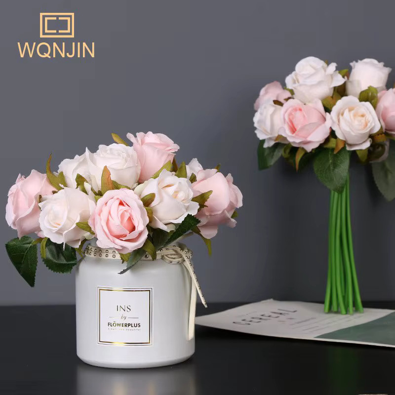 WQNJIN 12er Set Künstliche Seidenrosen als Blumenstrauß in Weiß für Hochzeit und Tischdekoration - Bild 2