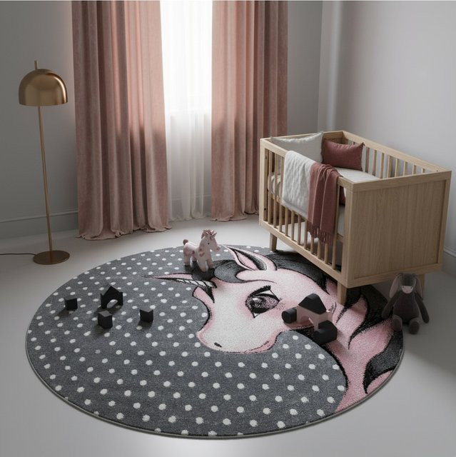 Kinderteppich Kadima Design TASNA mit Kinder-Motiv, Rosa/Grau, Durchmesser: 160 cm - Bild 1