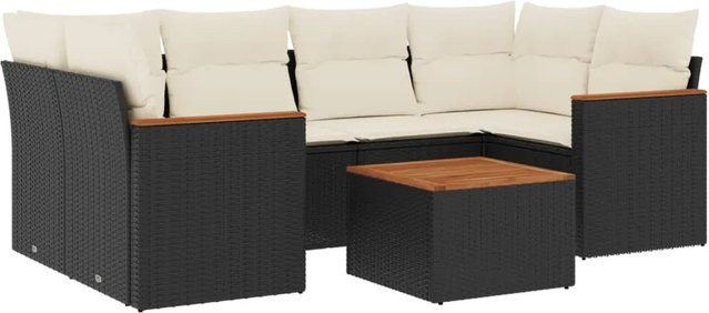 vidaXL 7-teilige Garten-Sofagarnitur aus Poly-Rattan und Akazienholz in Schwarz mit Kissen - Bild 1