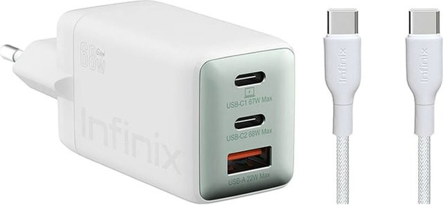Infinix Netzladegerät XC07868EU mit USB-C Kabel, 68W, 6.2A, 1 x USB-A und 2 x USB-C, Weiß - Bild 1