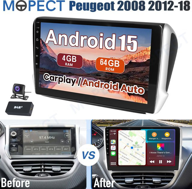 MOPECT 10 Zoll Android 15.0 Autoradio für Peugeot 2008 und 208 (2013-2017) mit 4+64GB Speicher, Carplay, WiFi, GPS, DAB, DVR und Kamera in Schwarz - Bild 1