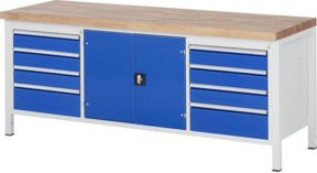 Rau Werkbank höhenverstellbar 8909A2 in Blau mit 8 Schubladen und 1 Tür, B: 200 cm, T: 70 cm, H: 84-104 cm - Bild 1