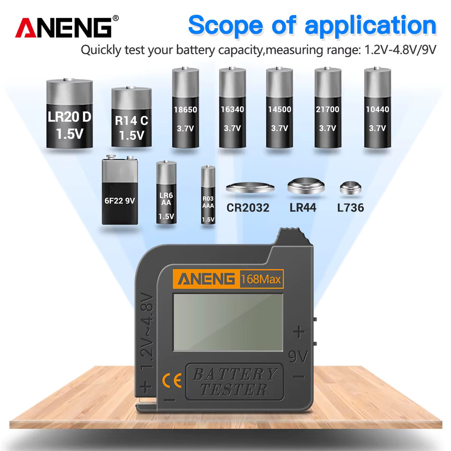 ANENG 168MAX Batterietester mit Digitalanzeige für C-, D-, AA-, AAA- und Knopfzellen in Schwarz - Bild 2