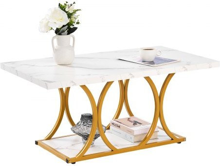 VEVOR Couchtisch in Marmoroptik Weiß, zweistufiger rechteckiger Beistelltisch mit Metallgestell und geometrischen Beinen für Wohnzimmer und Büro - Bild 1
