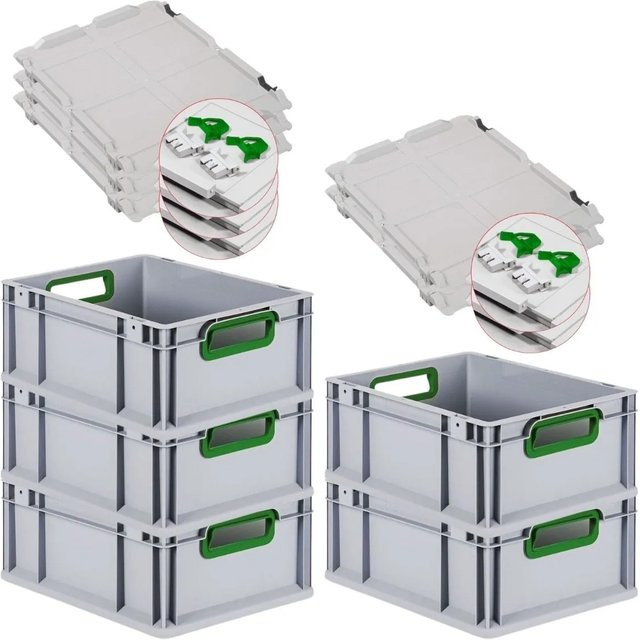 PROREGAL Spar Set 5x Eurobox Nextgen Color mit Scharnierdeckel und Schiebeschnappverschlüssen, Grün, H x B x T: 17 x 30 x 40 cm - Bild 1