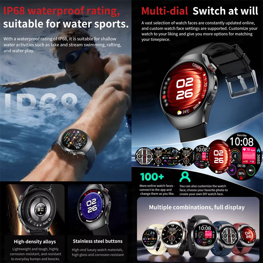 GUHUAVMI Smartwatch mit AMOLED Display, EKG und SpO2 Messung, Rot/Schwarz - Bild 6