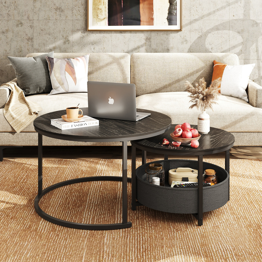 WLIVE 2er-Set runder Couchtisch und Beistelltisch in Schwarz mit Holzplatte und Metallrahmen - Bild 2