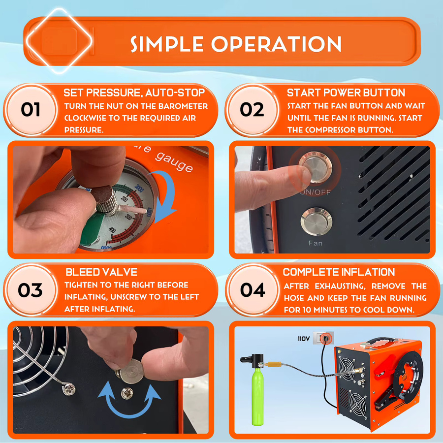 NUOGE PCP Luftkompressor 4500Psi 300bar mit Auto-Stop und eingebautem Netzteil, ölfrei und wasserfrei, Farbe: Orange - Bild 3