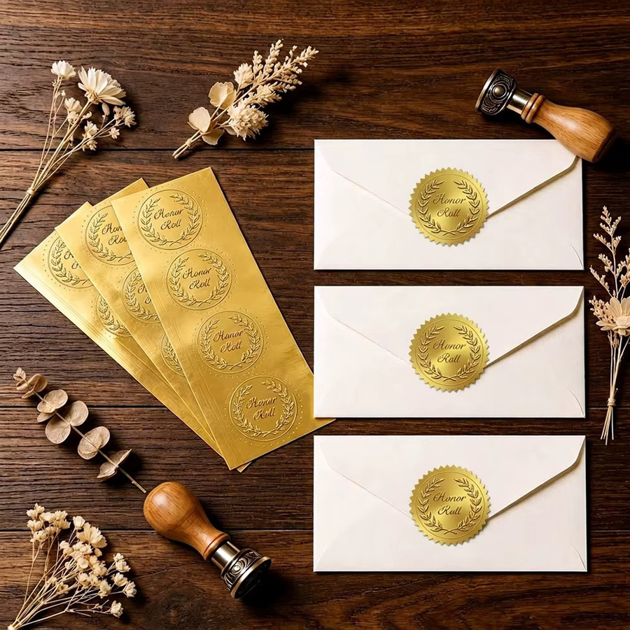 Selbstklebende Folien-Siegelaufkleber im Vintage-Stil mit Motiven wie Krone, Biene und Baum in Gold und Silber für die Dekoration von Umschlägen und Karten - Bild 2
