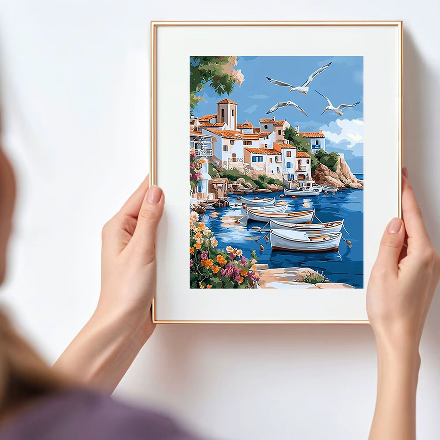 Huacan 5D-Diamantgemälde zum Selbermachen Mediterrane Landschaft mit Meer, Gebäuden und Booten, Multicolour - Bild 3