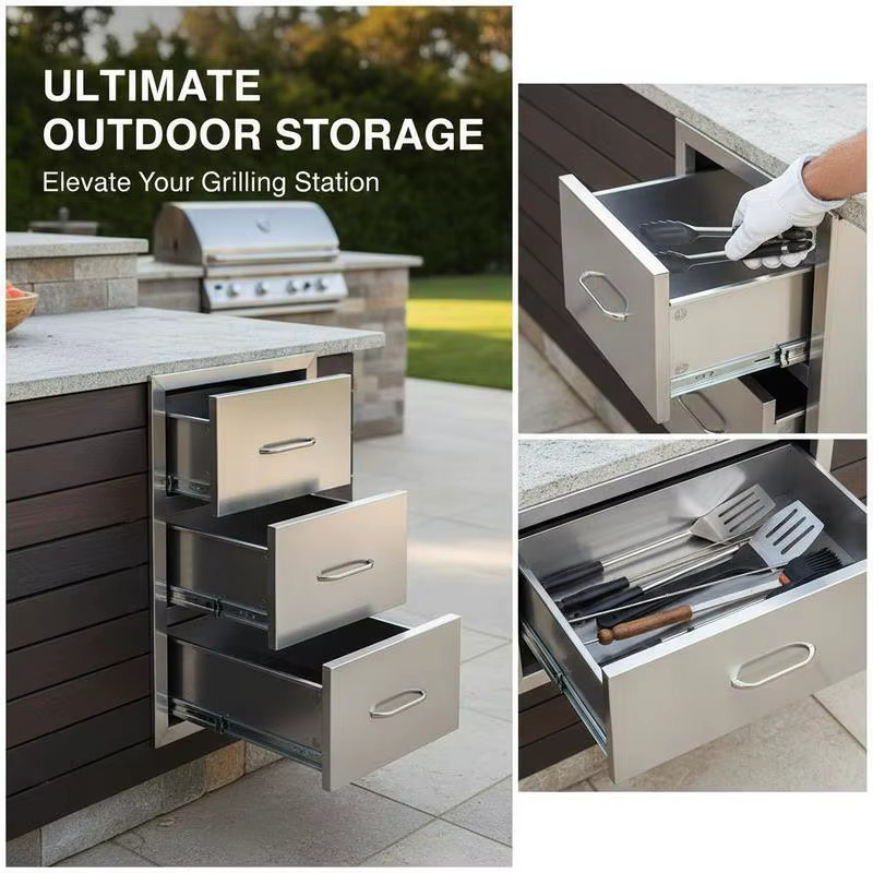Edelstahl Outdoor-Küchenschubladen in Silber, Grillinselschubladen mit Griff für die Außenküche, B: 40,64 cm, H: 72,39 cm, T: 52,07 cm - Bild 2