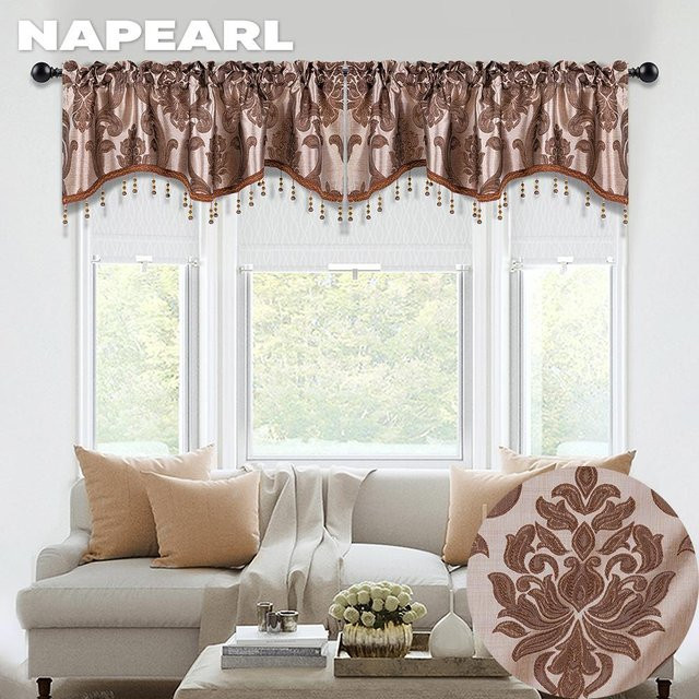 NAPEARL Jacquard-Vorhänge mit gewelltem Volant und Perlen-Dekoration, floral, braun, 2er-Set, Breite: 132 cm, Höhe: 46 cm - Bild 1