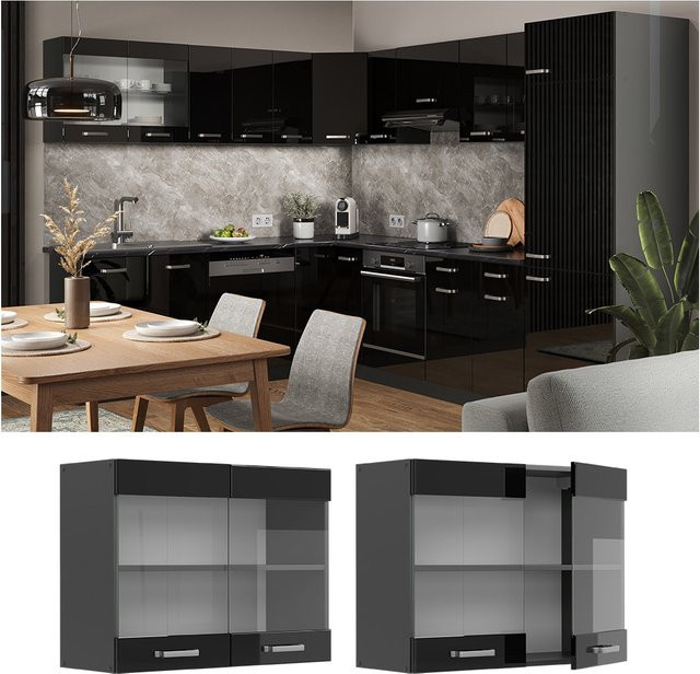 Vicco R-Line Glashängeschrank für die Küche in Anthrazit und Schwarz mit Glastüren, Breite: 80 cm - Bild 1