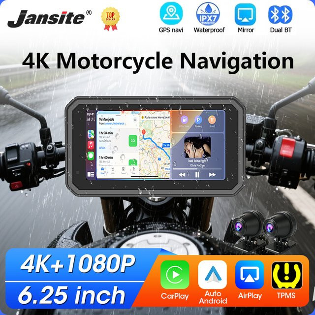 Jansite Motorrad CarPlay Dash Cam mit 6,25 Zoll Display, 4K UHD Dual Objektiv, GPS Navigation und IPX7 Wasserdichtigkeit in Schwarz - Bild 1