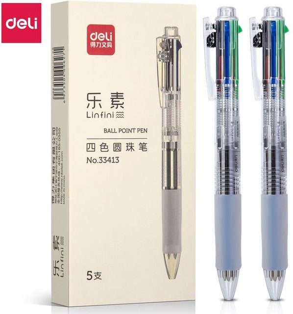 Deli 4-in-1 Mehrfarben-Stift Set, 5 Stück einziehbare Kugelschreiber in Grau und verschiedenen Farben mit 0,7 mm Spitze und rutschfestem Griff - Bild 1