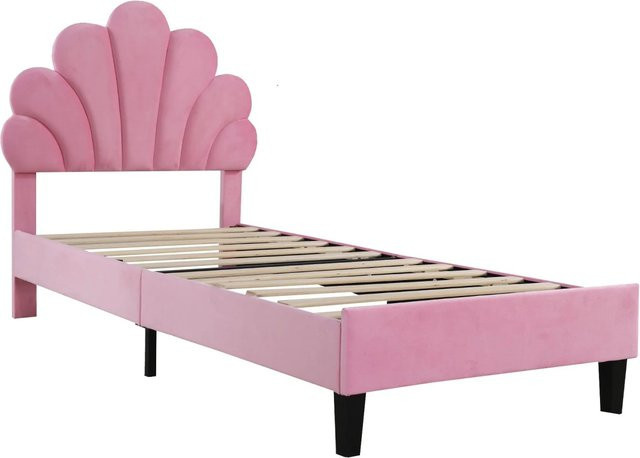 KOMHTOM Gepolstertes Kinderbett mit Blumenförmigem Kopfteil und Lattenrost in Rosa, B/T/H: 90 x 200 x 110,5 cm - Bild 1