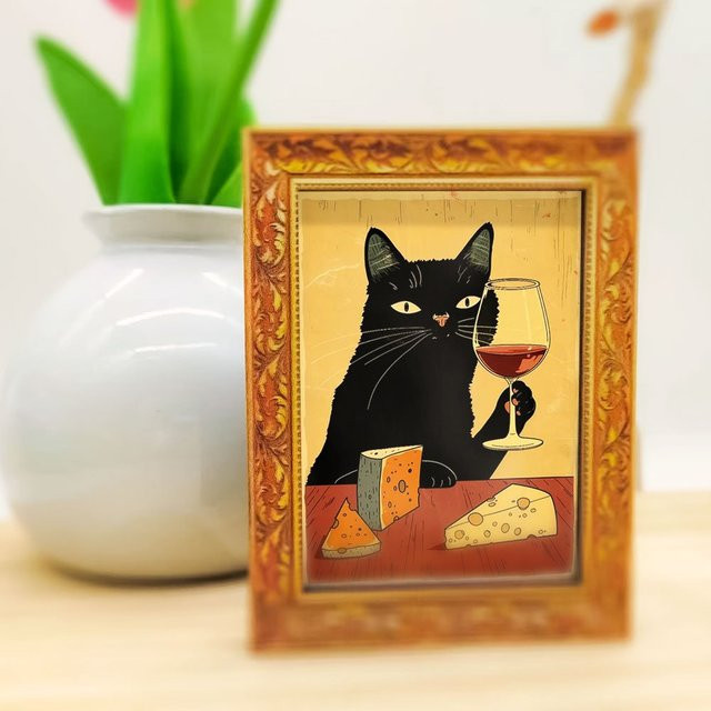 Eleganter schwarzer Katzen-Kühlschrankmagnet aus Holz mit Weinproben-Design als kreative Wanddekoration - Bild 1